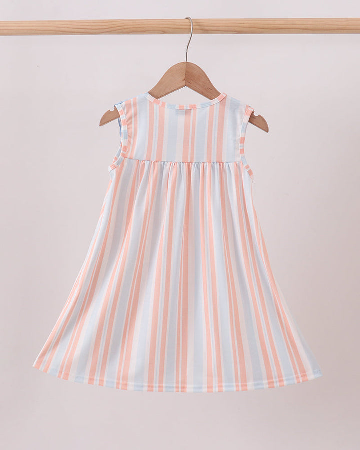 Light blue yoke and coral-and-white striped sleeveless dress with ruffle hem