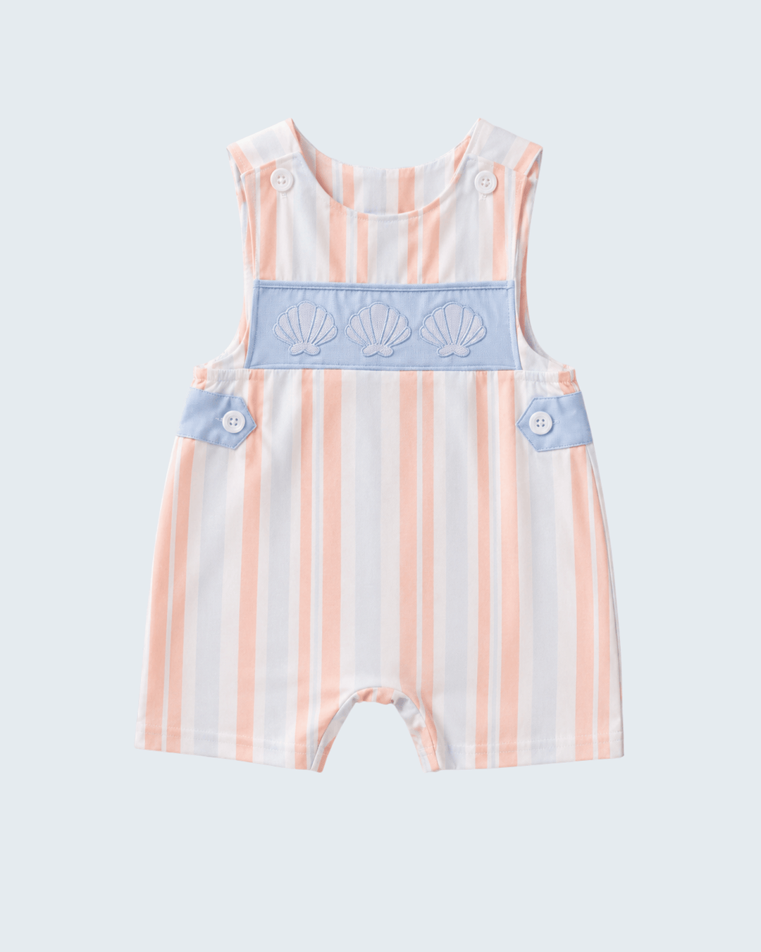 Sleeveless striped jon jon romper with shell embroidery and blue button straps