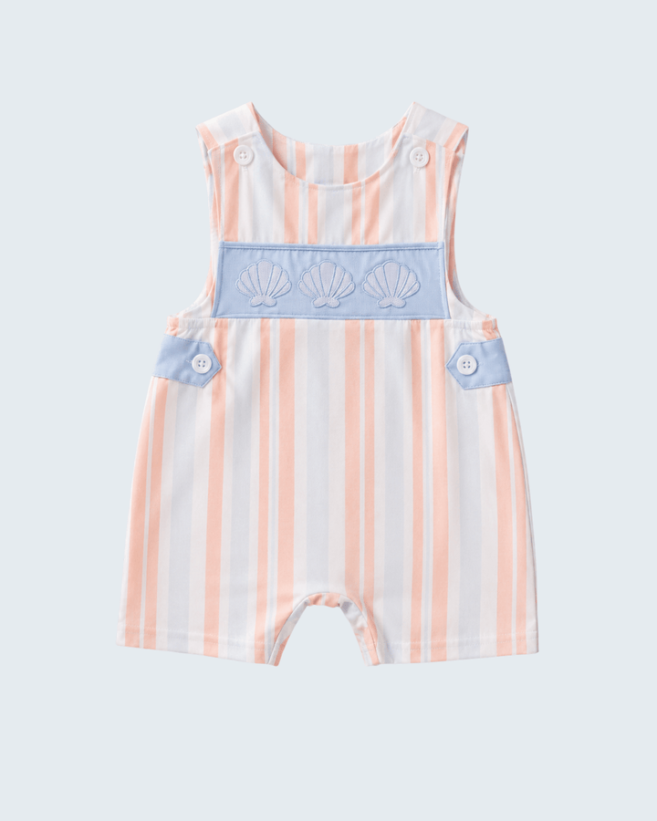 Sleeveless striped jon jon romper with shell embroidery and blue button straps
