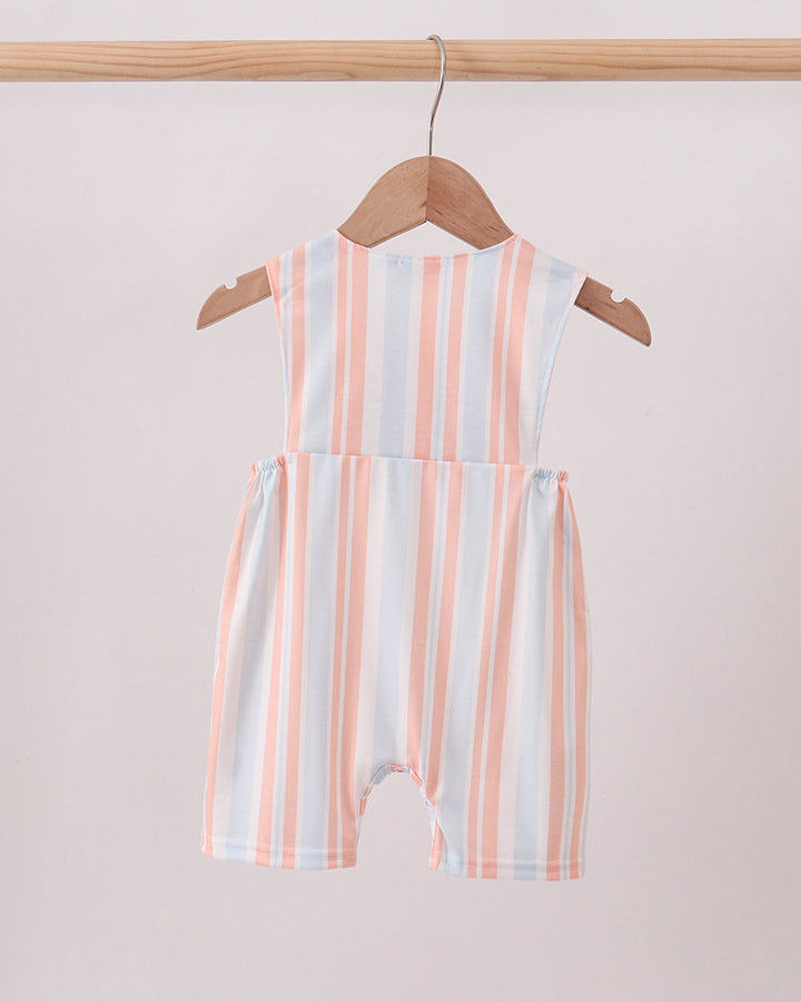 Back view of light blue and peach striped sleeveless jon jon with side ties