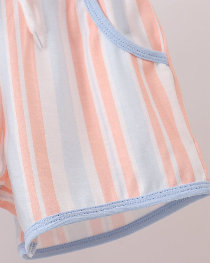 Pastel striped shorts with blue-trim hem and elastic waistband