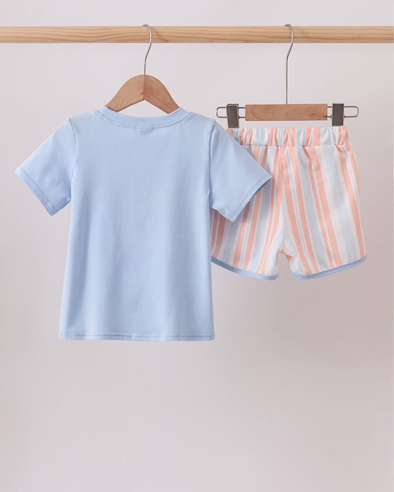 Light blue T-shirt and pastel striped shorts set with drawstring
