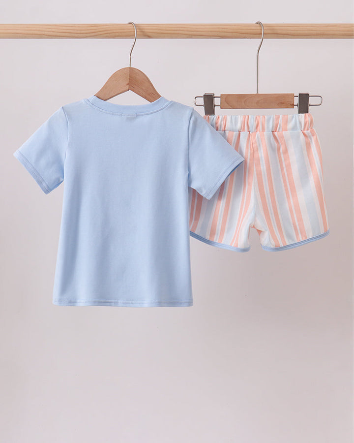 Light blue T-shirt and pastel striped shorts set with drawstring