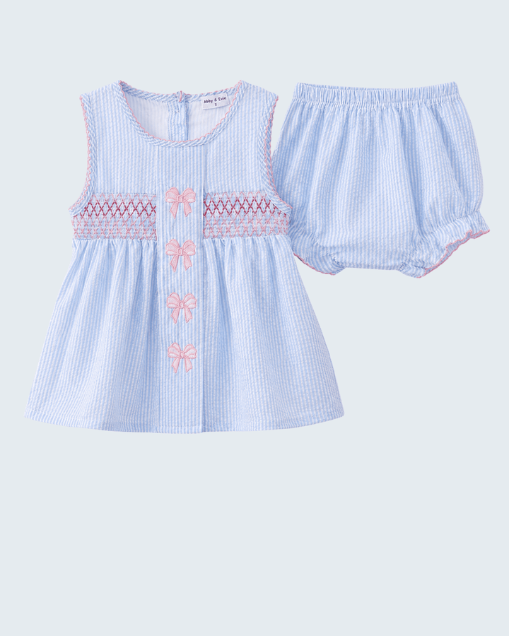 Baby girl Seersucker Bow Smocked Bloomer Set