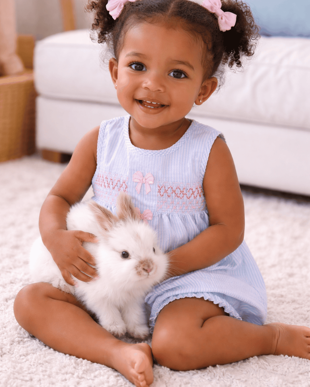 Child in a light blue dress holding a small white rabbit on a carpeted floor.