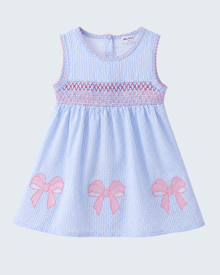 Girls Seersucker Bow Smocked Dress