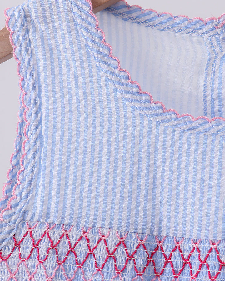 Close-up of a blue and white checkered fabric with pink stitching on a plain background