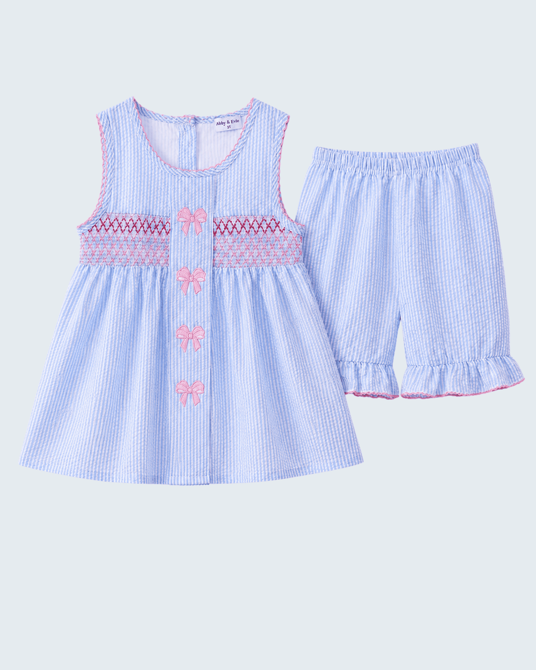 Girls Seersucker Bow Smocked Ruffle Shorts Set