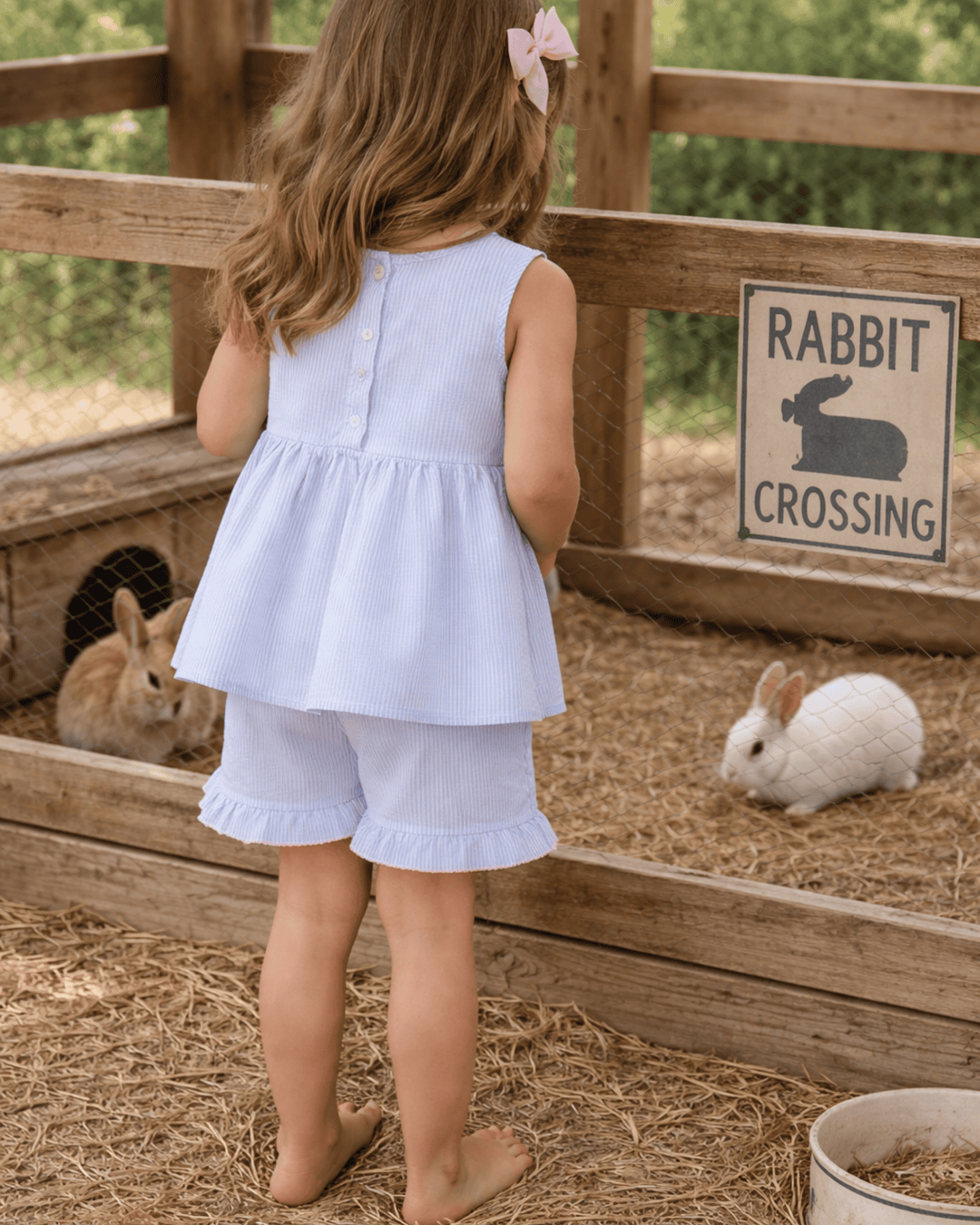 Child in light blue dress standing in a rabbit enclosure with &