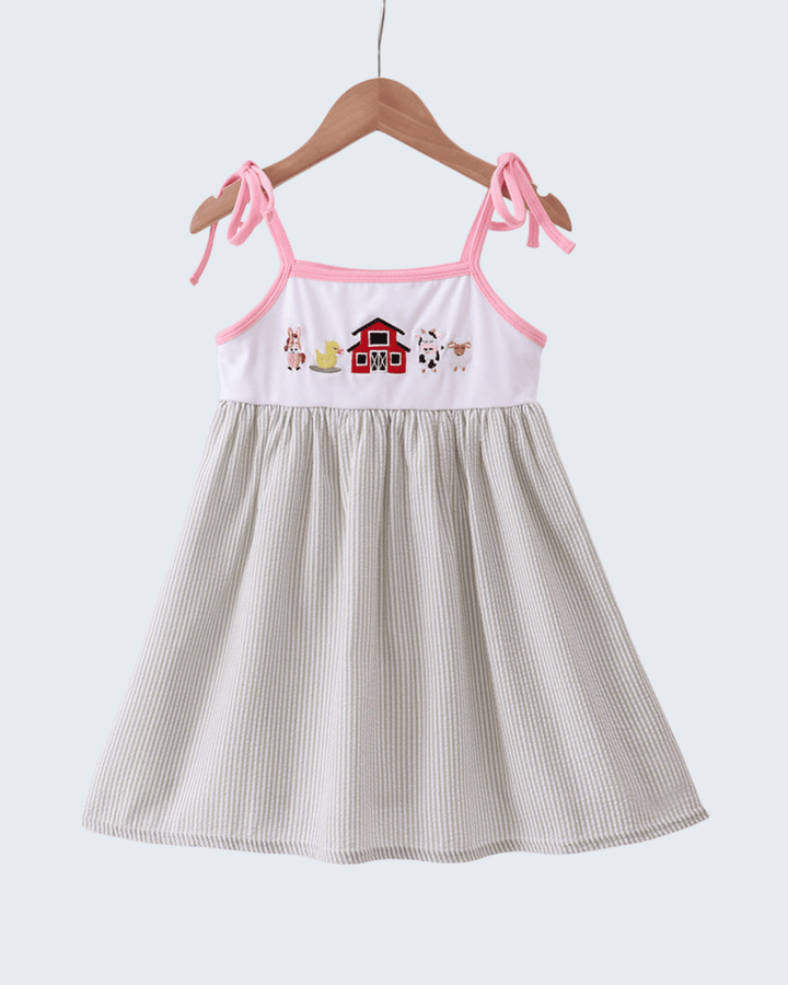 Seersucker Farm Animals Embroidered Ruffle Dress