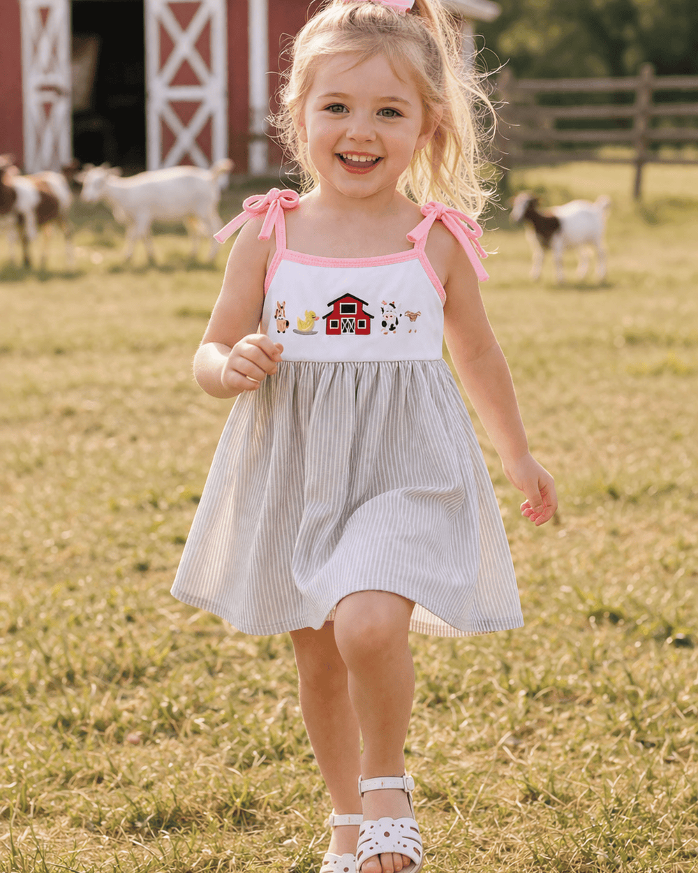 Seersucker Farm Animals Embroidered Ruffle Dress