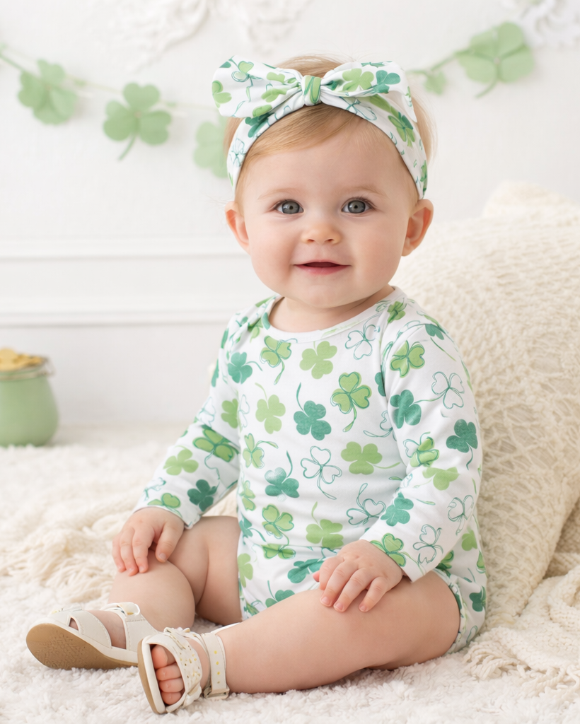 Baby in white-and-green clover-print long-sleeve bodysuit