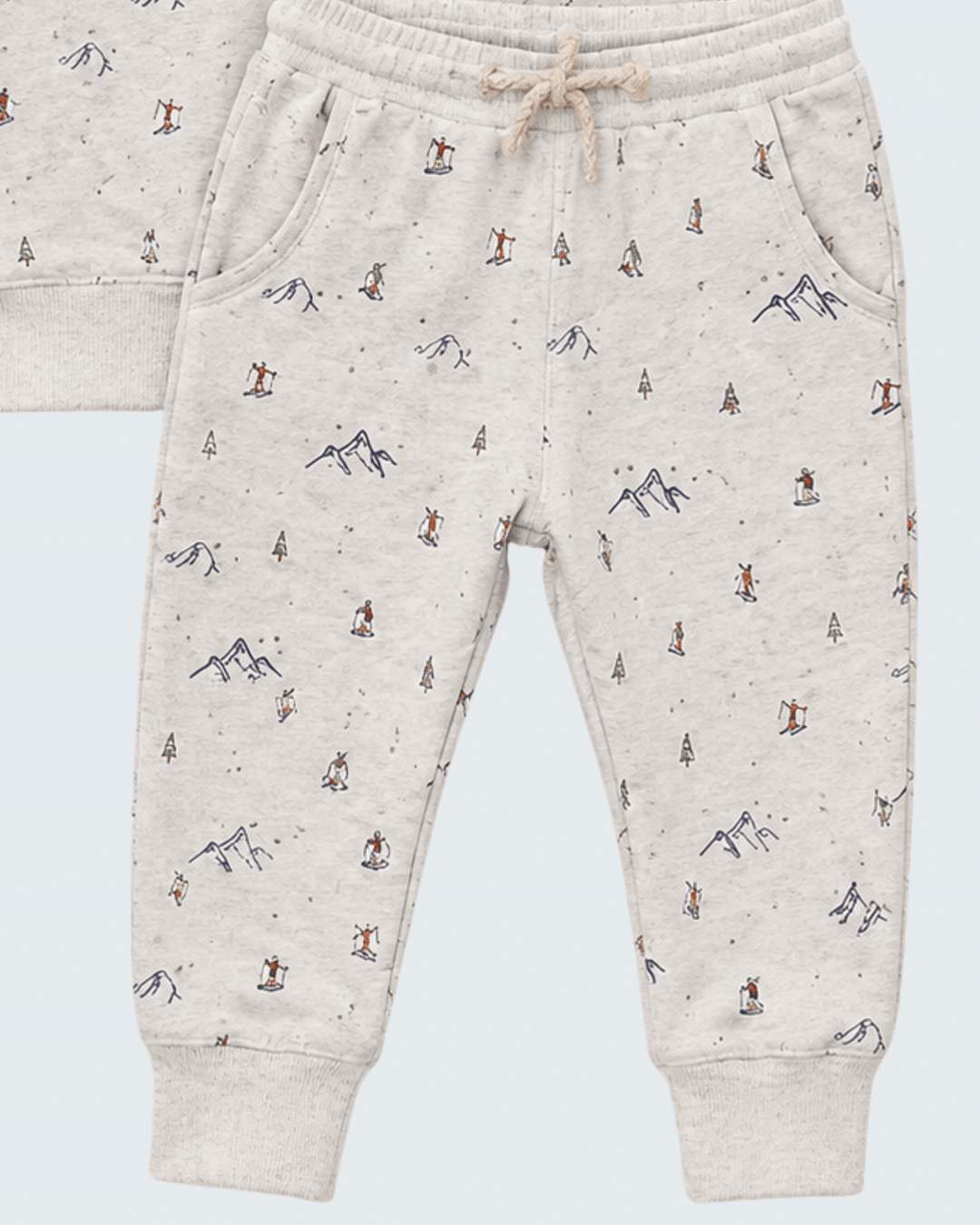 Drawstring jogger pants in light gray with allover skier illustration print