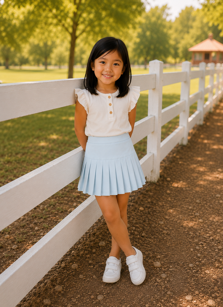 Young girl in a white blouse and light blue skirt standing near a white fence with trees in the background.