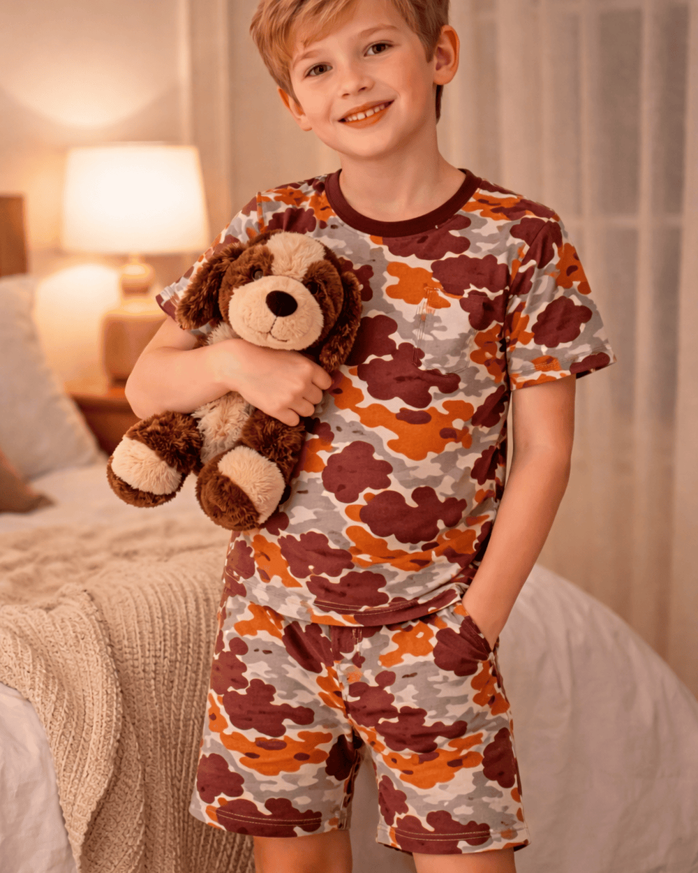 Child wearing a camouflage pajama set holding a teddy bear in a bedroom.