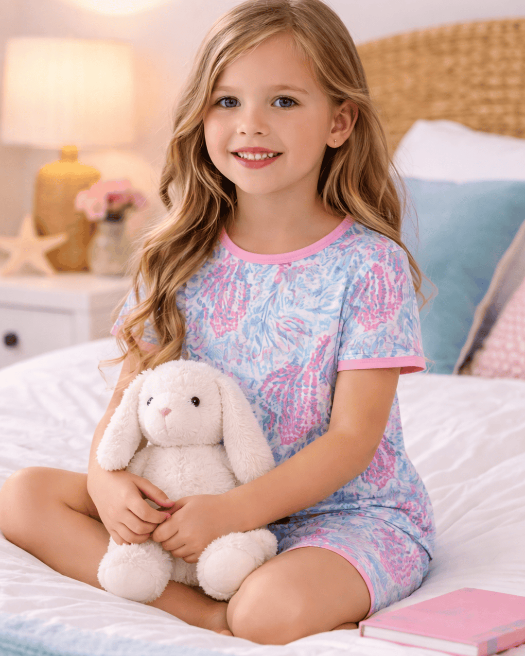 Young girl in a blue and pink pajama set holding a white stuffed bunny on a bed.