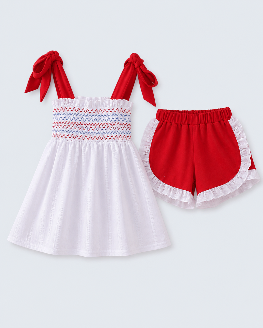White and red top and ruffle shorts set for girls