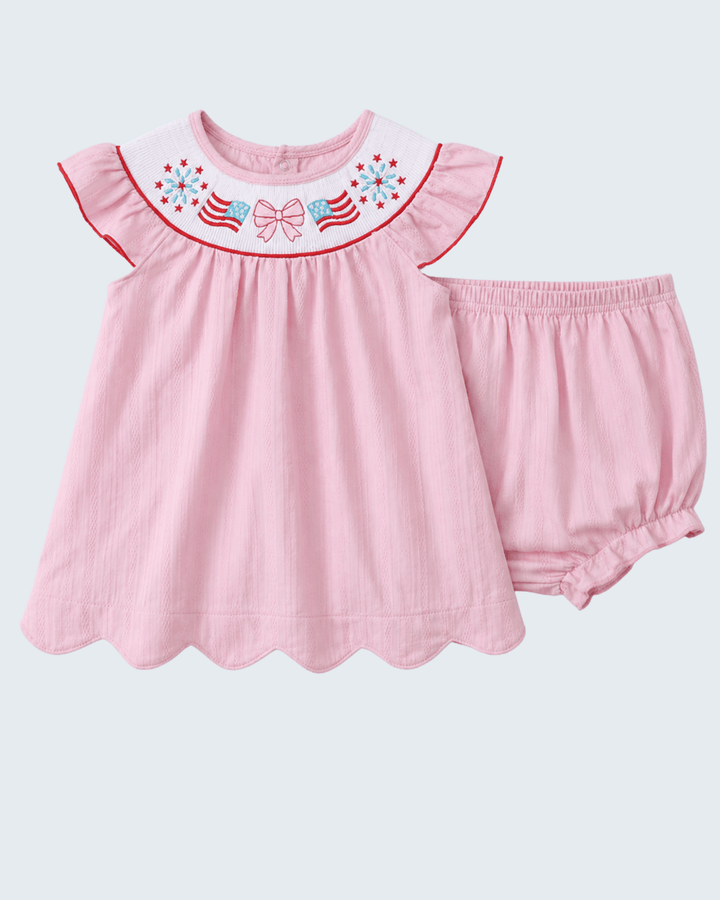 Baby girl Smocked Jacquard Scalloped Ruffle Bloomer Set