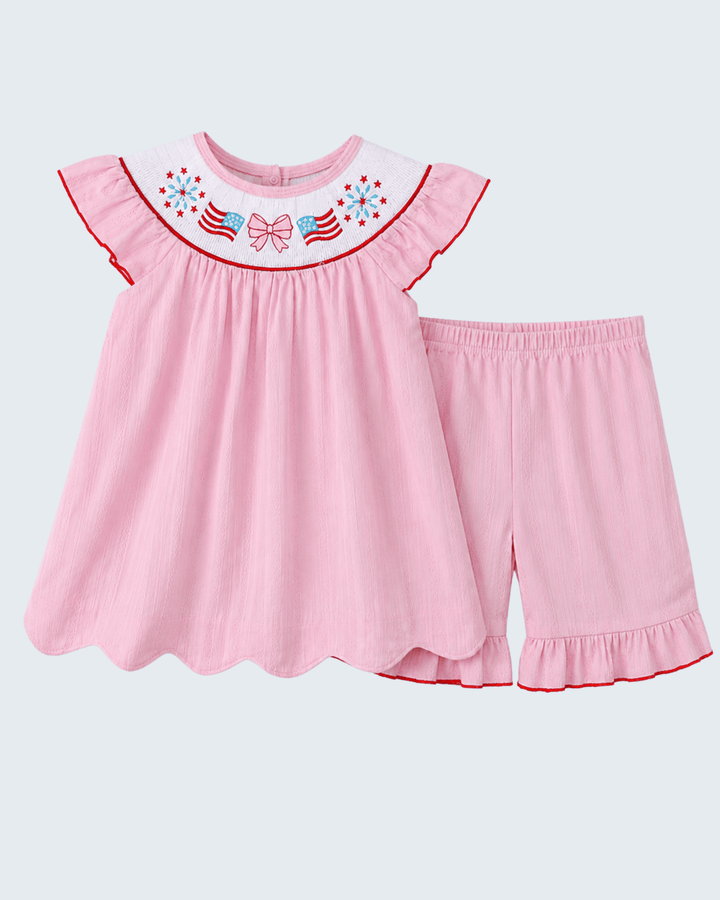 Girls Smocked Jacquard Scalloped Ruffle Shorts Set for Fourth of July