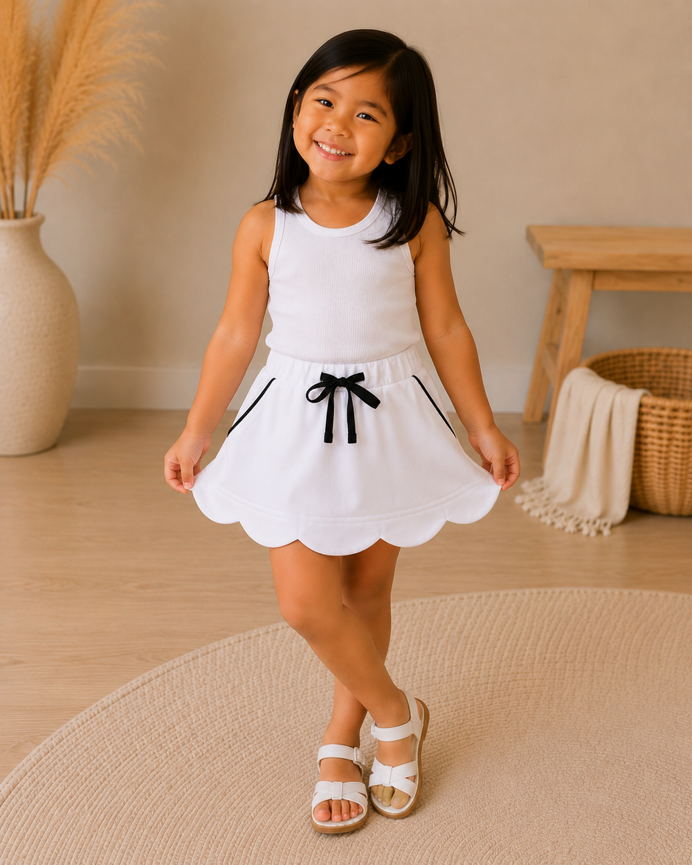A young girl smiling and posing in a white sleeveless dress with a scalloped hem, black bow at the waist, and black piping details, standing on a round beige rug in a warm, neutral-toned room.