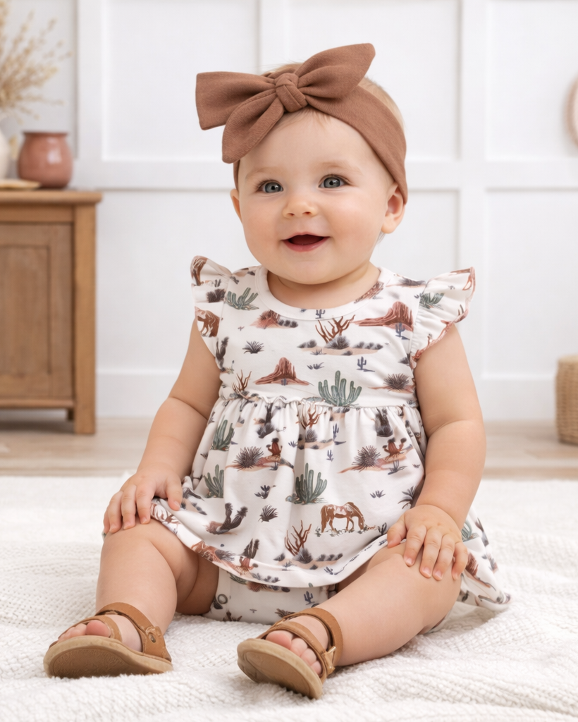Baby wearing a dress with cactus and animal print, sitting on a white blanket.