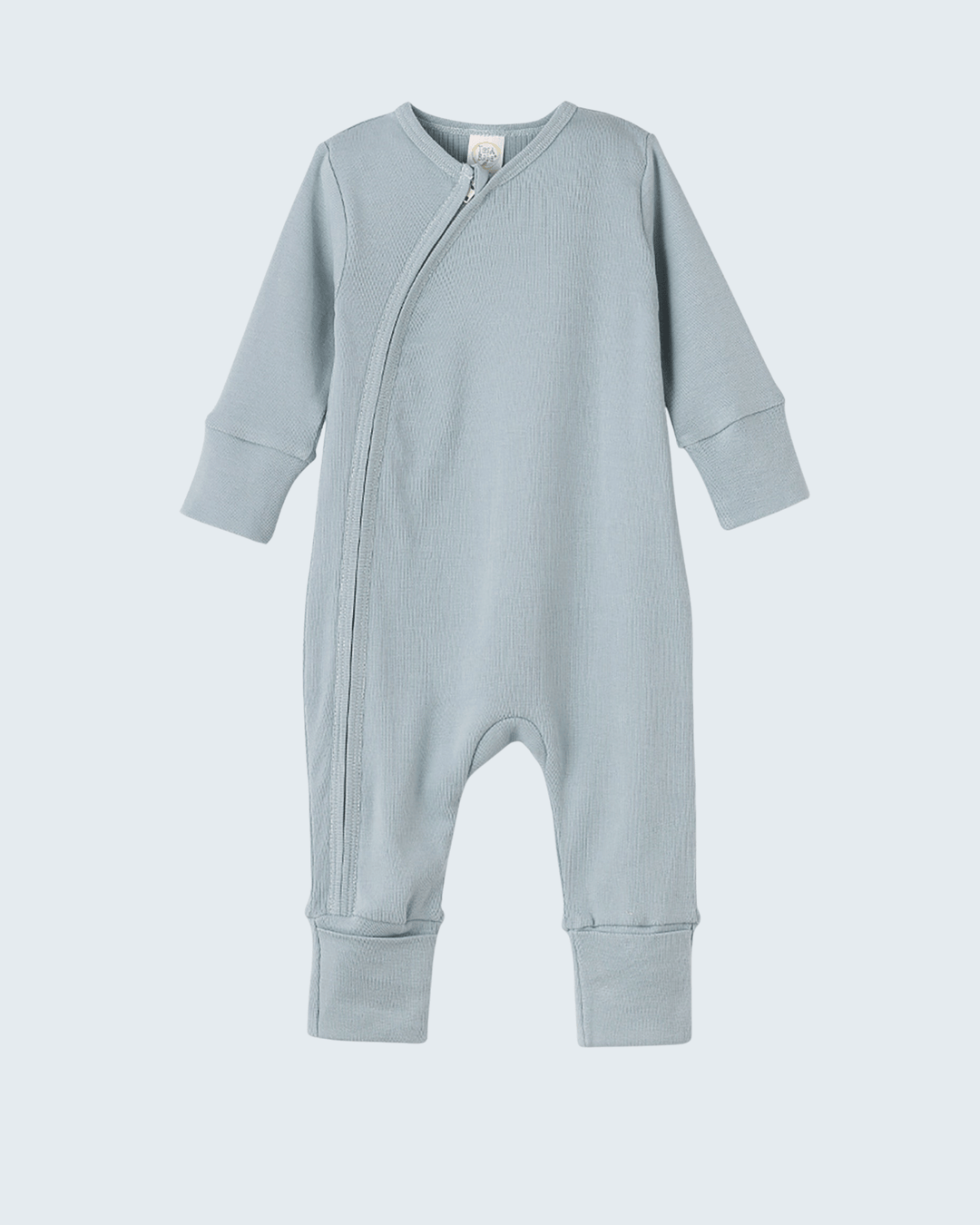 Light blue cotton romper with front zipper and long sleeves, footed legs