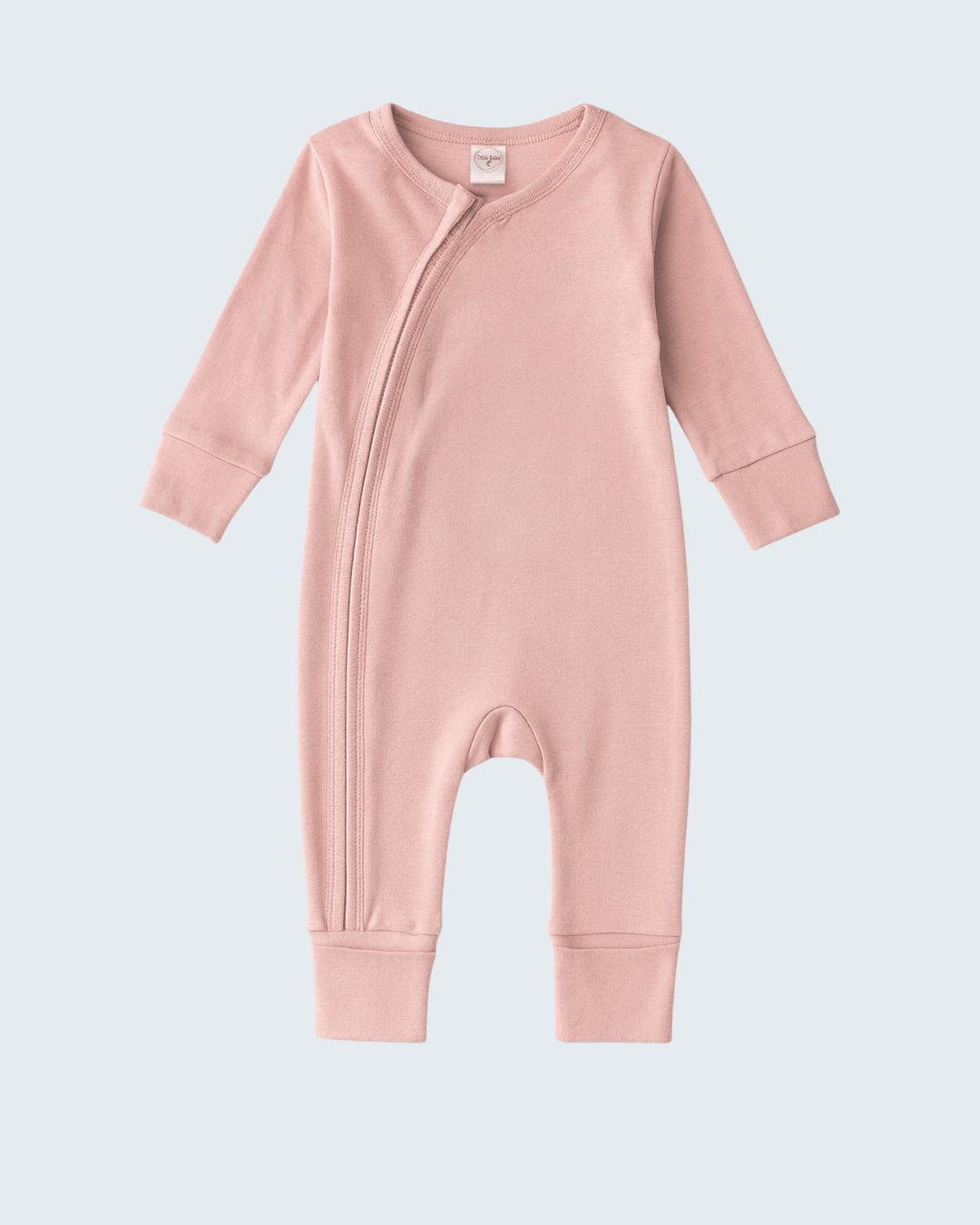 Soft coral cotton zip-front long-sleeve romper with convertible cuff hems