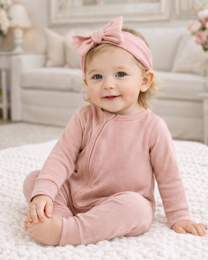 Soft coral cotton baby zip-front romper with convertible cuffs