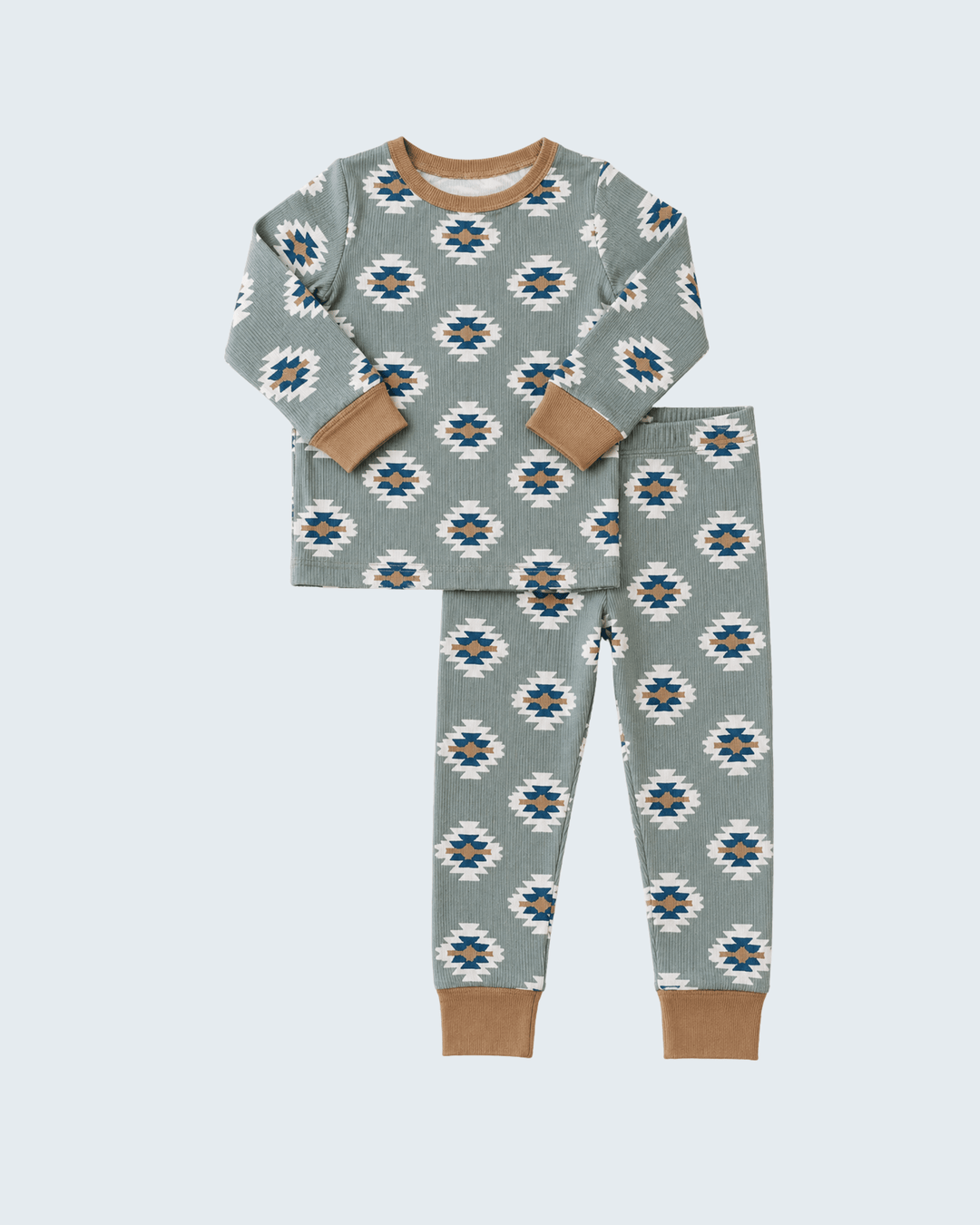 Ribbed bamboo pajama set, gray with Southwestern Aztec pattern, long-sleeve top and pants