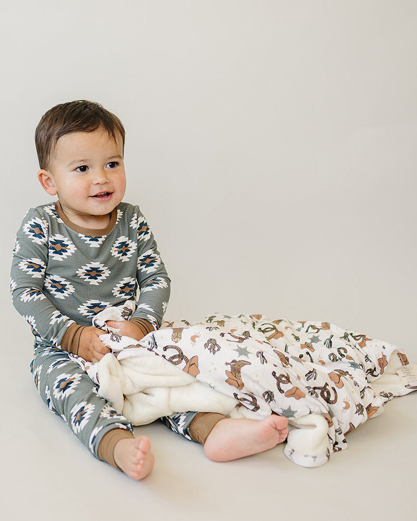 Kids' long-sleeve pajama set with aztec diamond print top and matching pajama pants