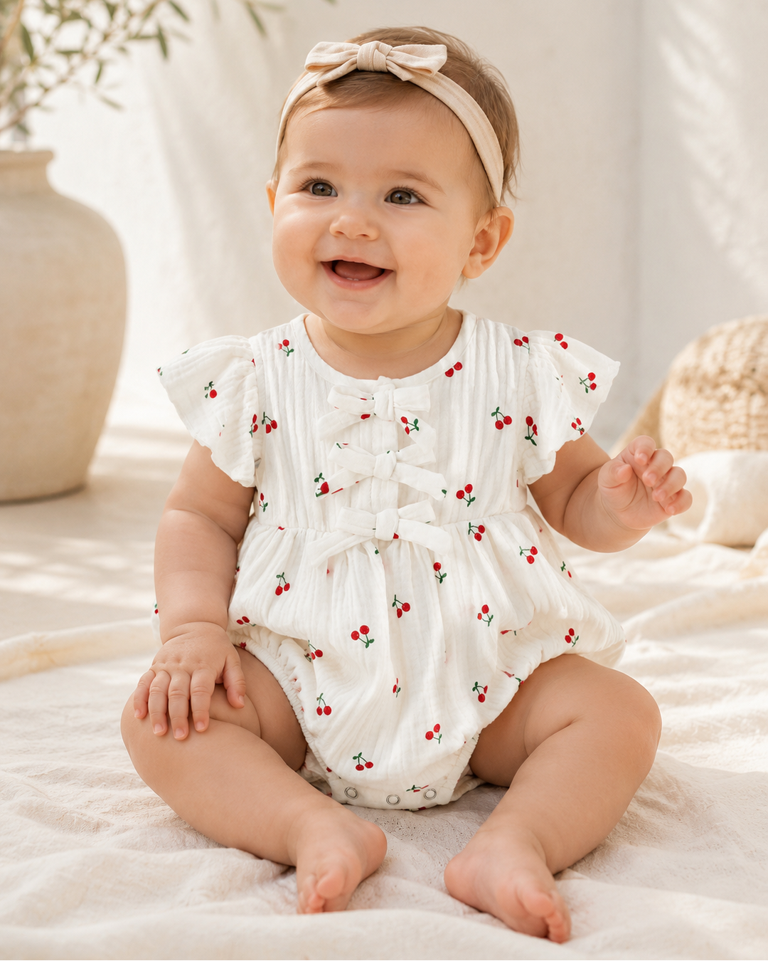Baby girl in white romper with cherry print