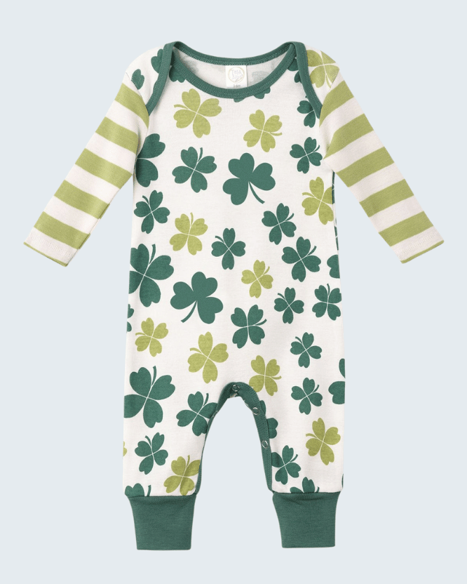 Long-sleeve shamrock romper in white with clover print and green striped sleeves