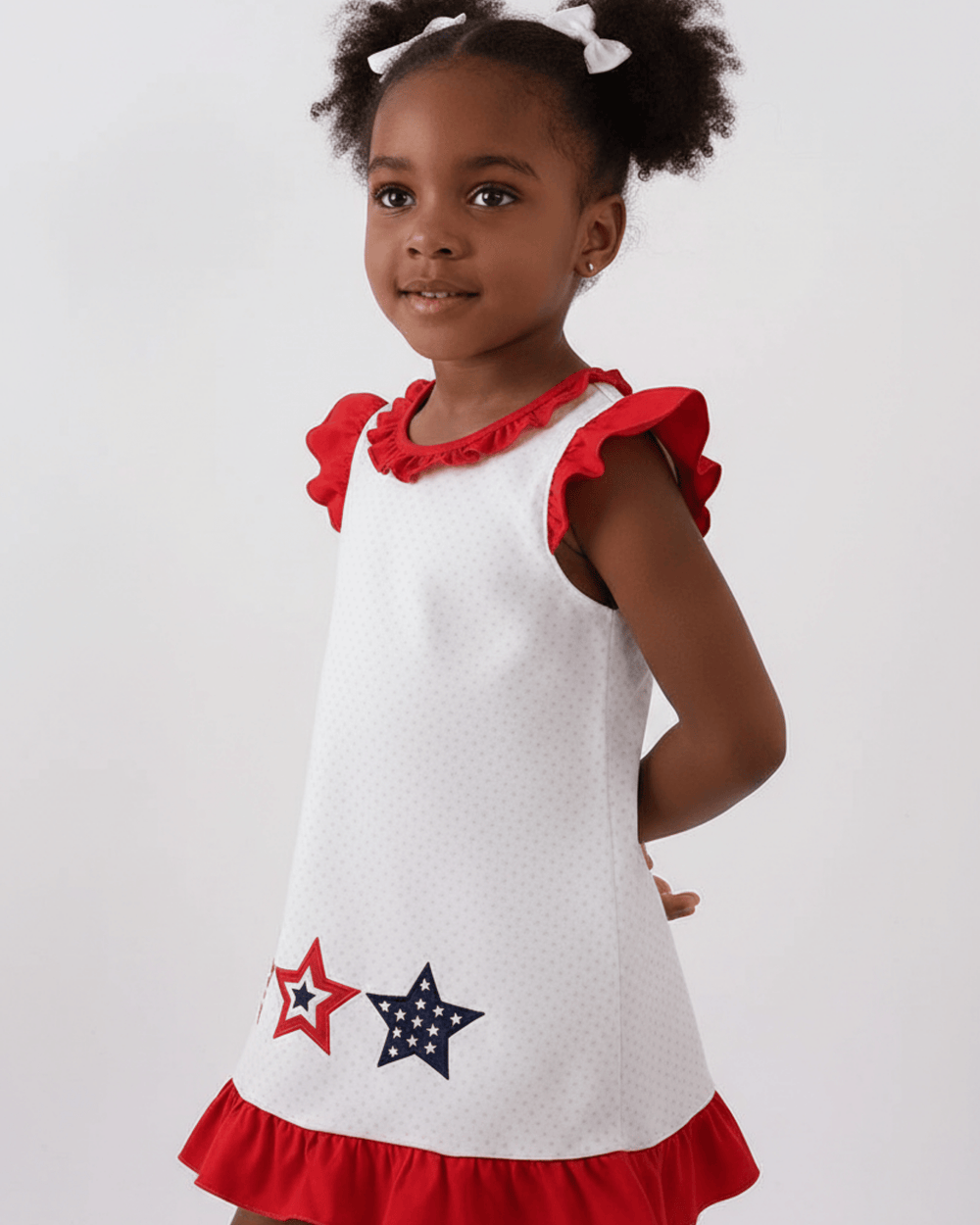 Young girl wearing a white dress with red ruffles and star designs on a plain background