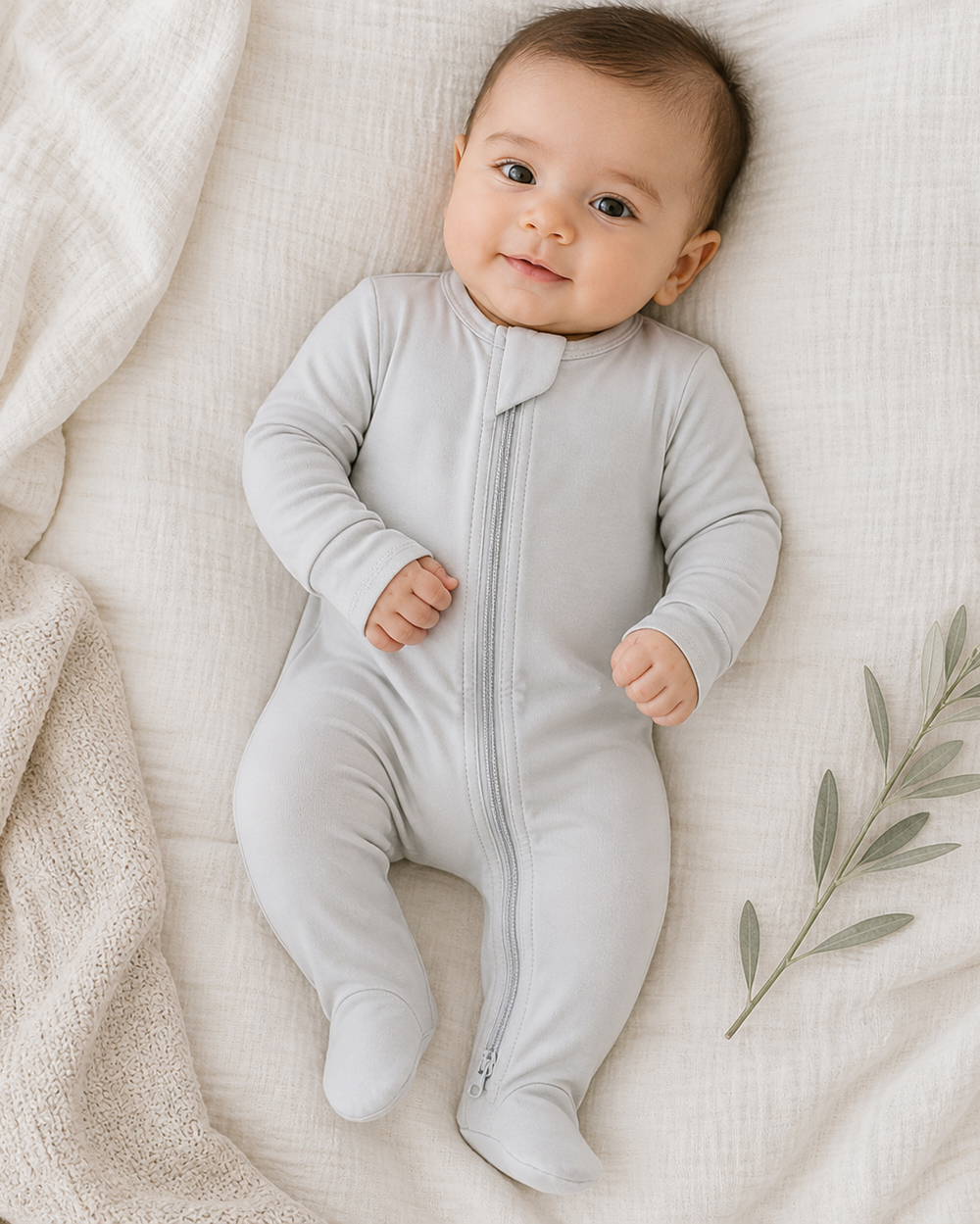 Baby in grey footed zipper bamboo romper