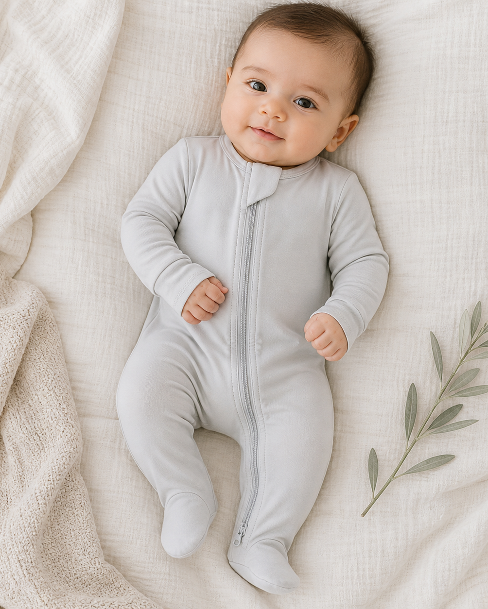 Baby in grey footed zipper bamboo romper
