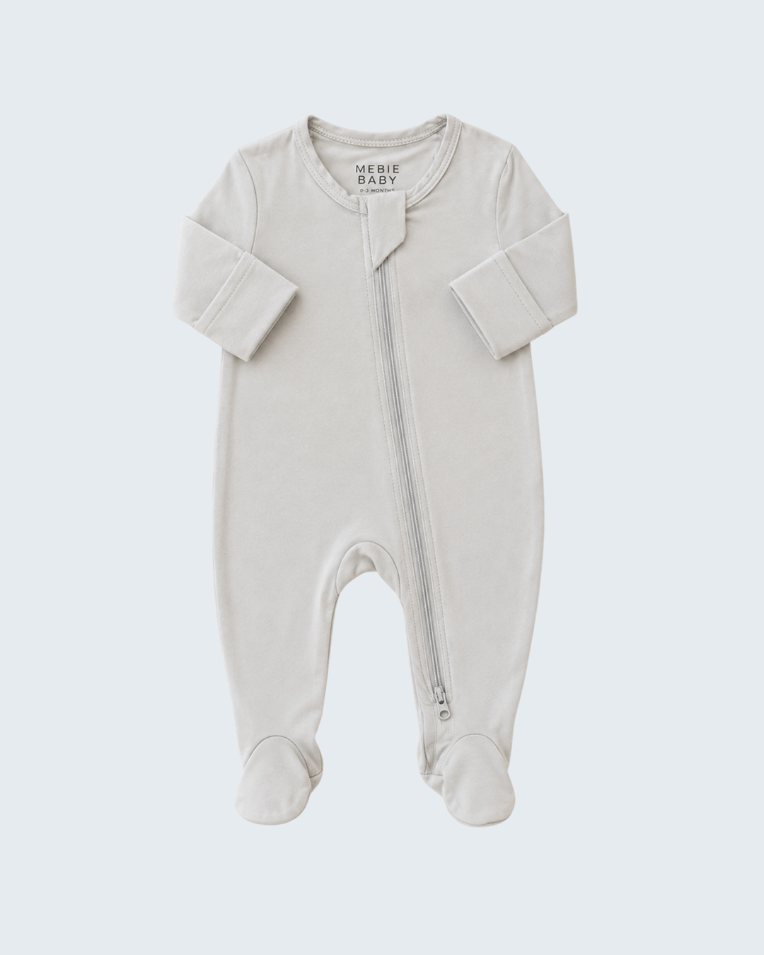 Stone-toned bamboo footed zipper romper, long sleeves, front zip, foot openings