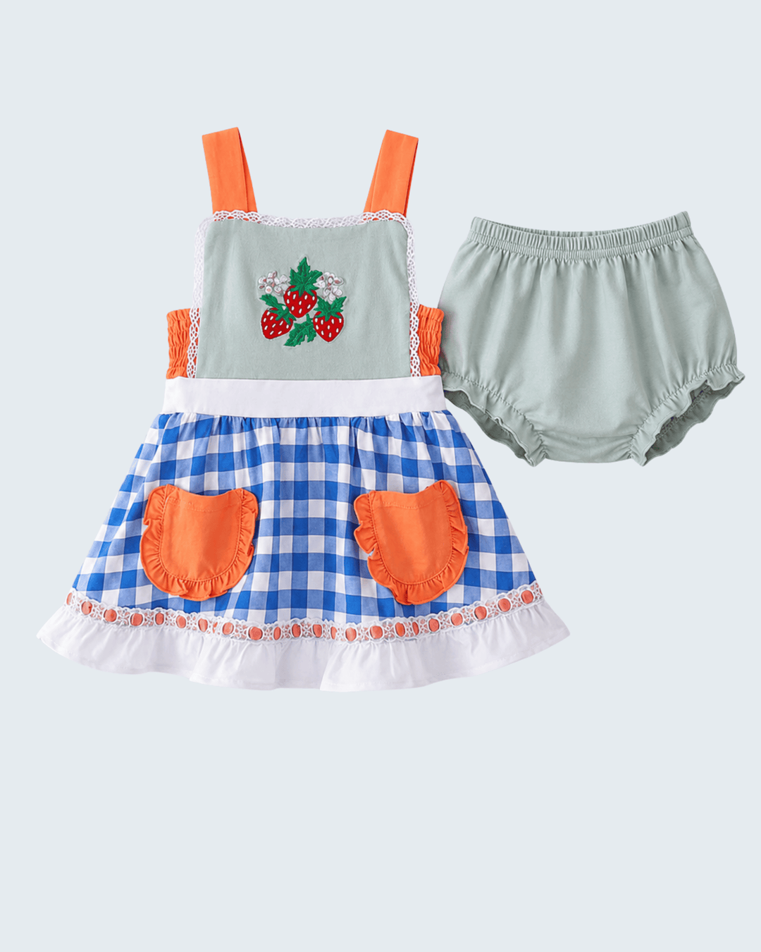 Baby girl Strawberry Embroidered Ruffle Gingham Bloomer Set