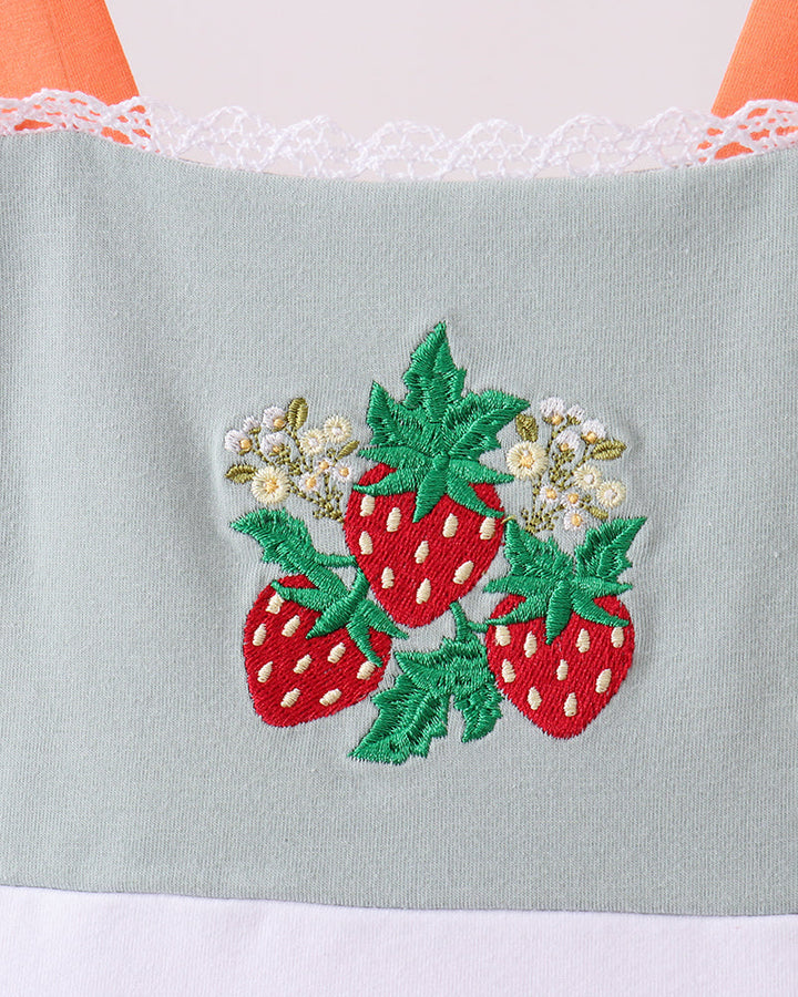 Embroidered strawberries on a light blue fabric with orange accents