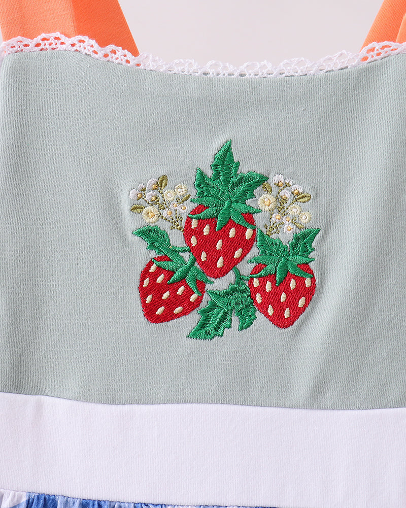Embroidered strawberries on a fabric with colorful border