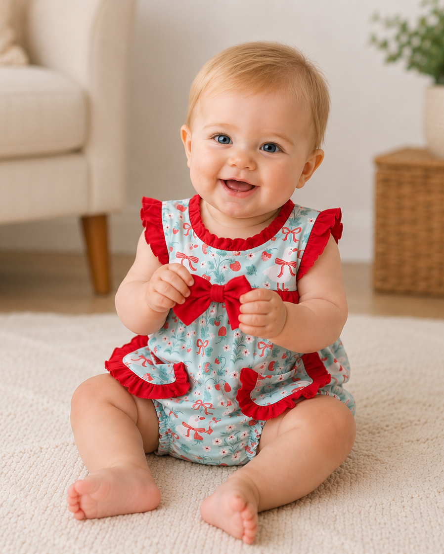 Baby sitting on a carpeted floor wearing a blue and red outfit with ruffles.