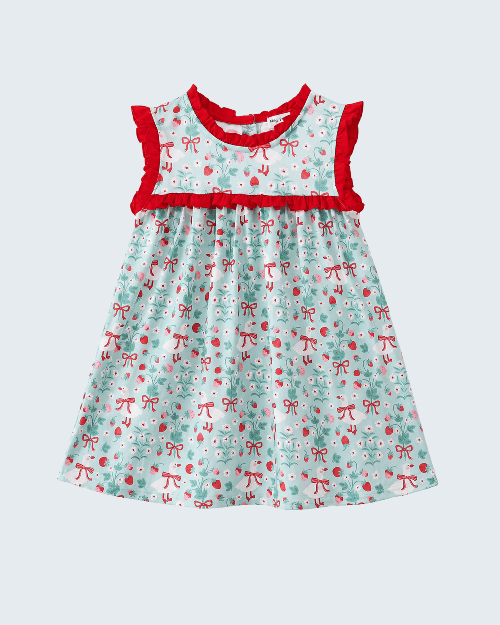 Light blue girls' ruffle dress with red trim, allover strawberry and bow print