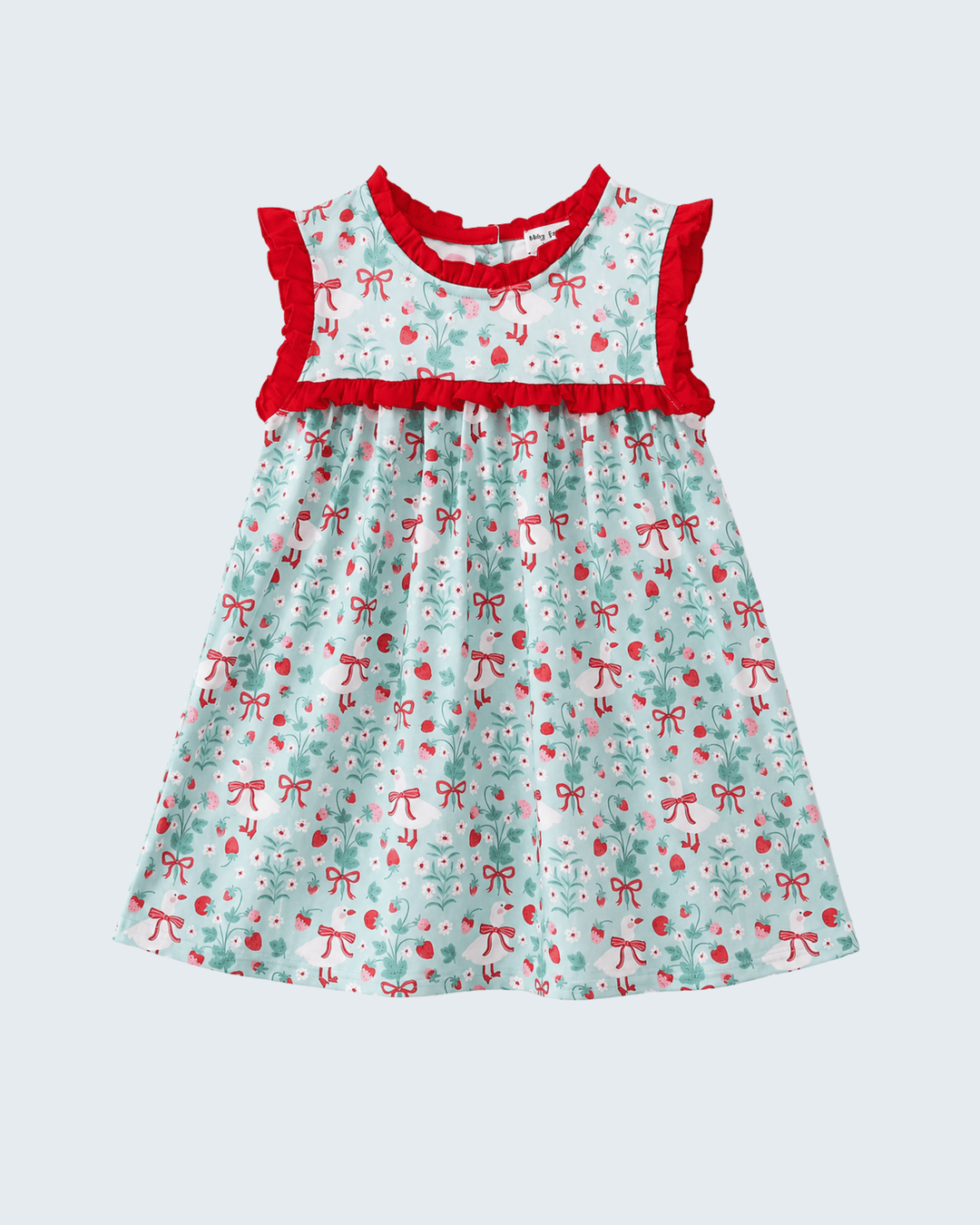 Children's dress with red bows and floral pattern on a light gray background