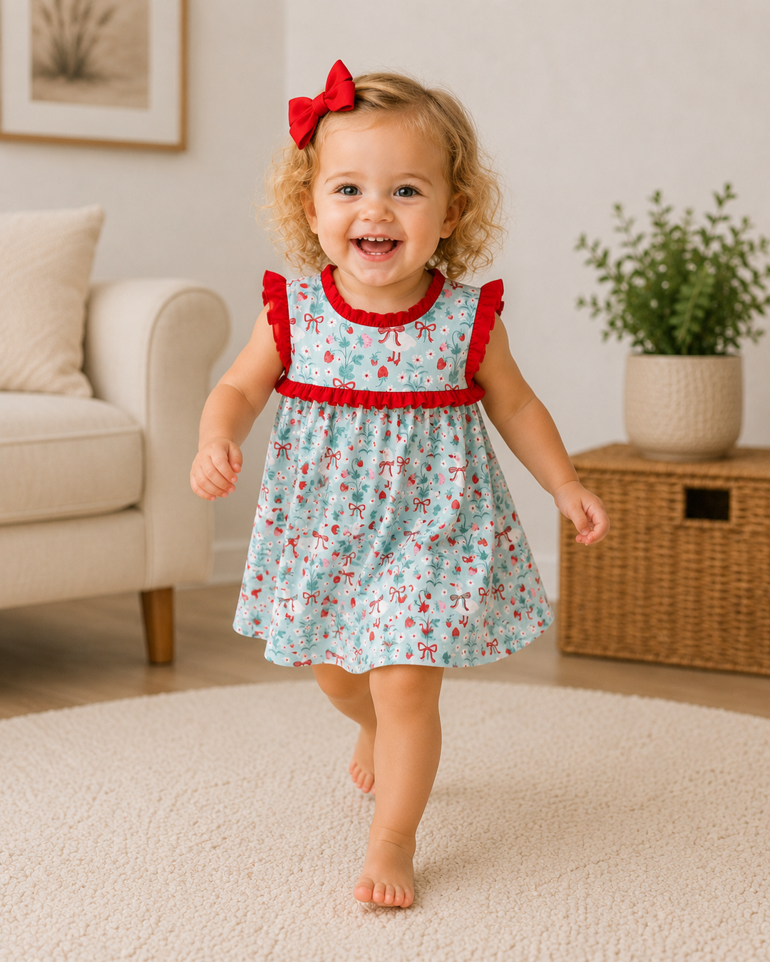 Child wearing a light blue dress with red trim and floral pattern, standing on a carpeted floor.