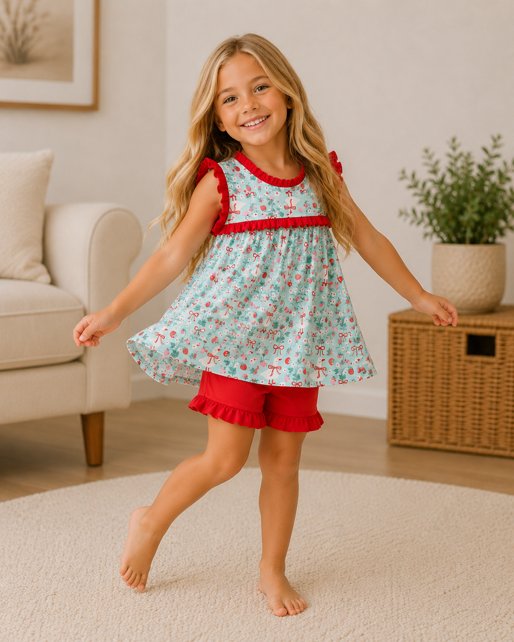 Young girl in a floral dress with red trim and shorts standing in a living room.