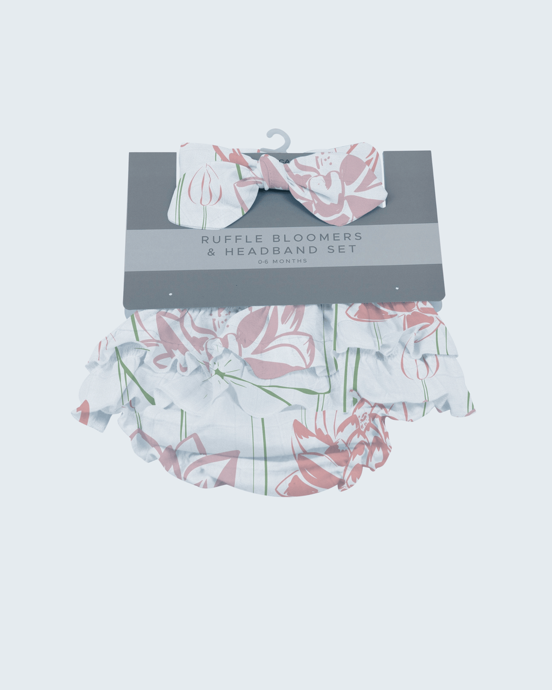 Bamboo ruffle bloomers and headband set, light blue with pink floral print