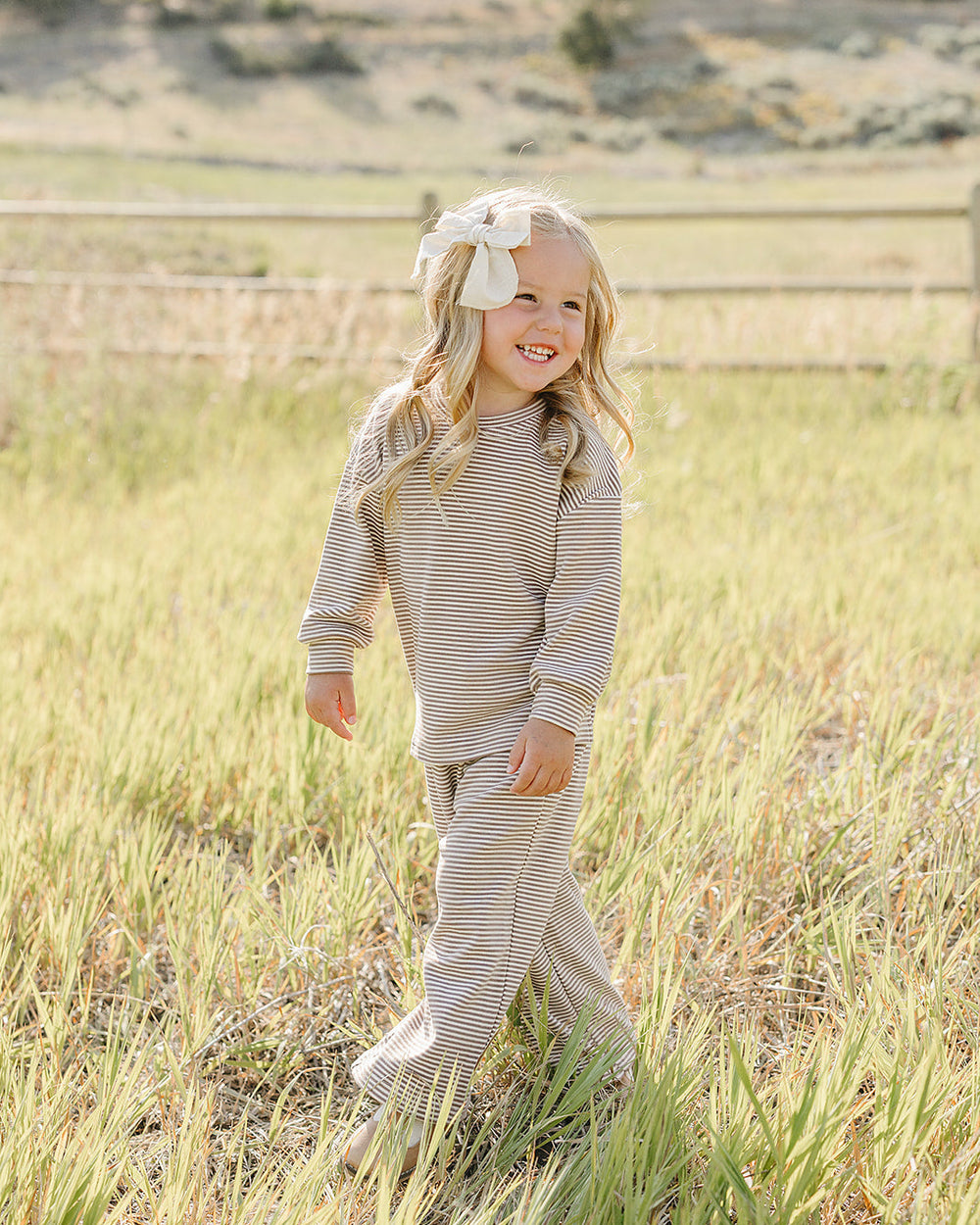 Beige striped kids loungewear set with long sleeves and drawstring wide-leg pants