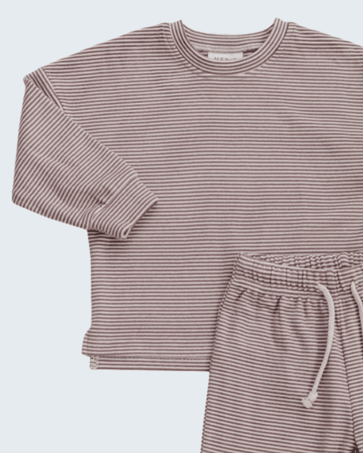 Dusty rose striped long-sleeve lounge shirt with ribbed crew neck