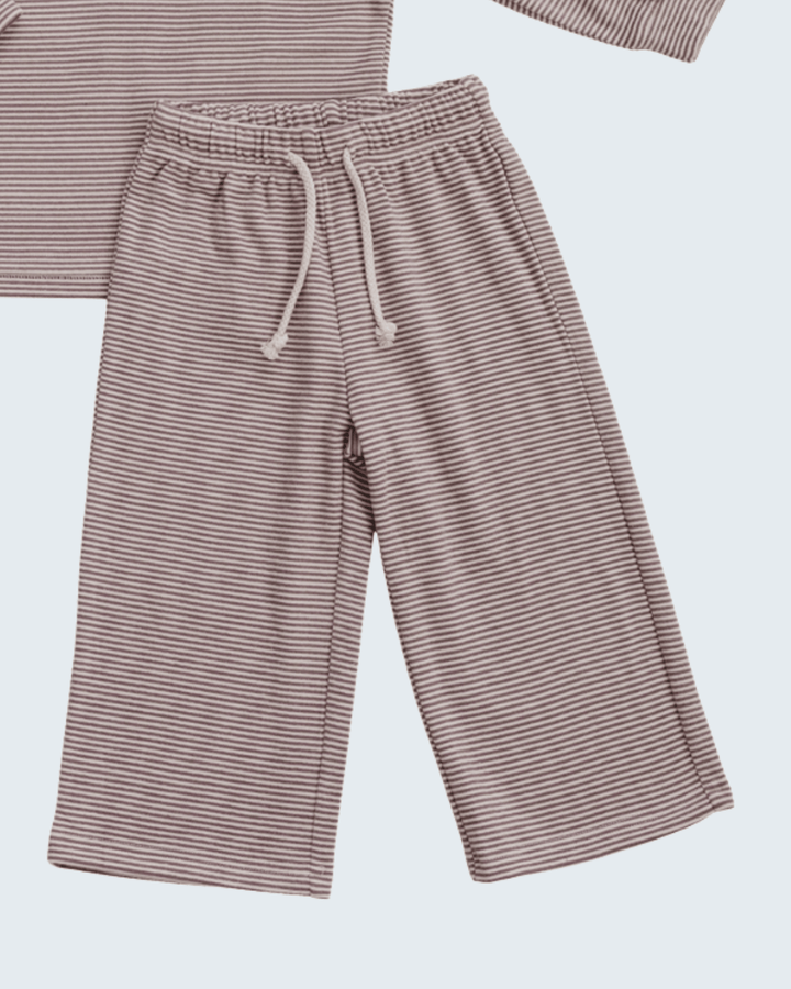 Dusty rose striped wide-leg lounge pants with elastic waist and drawstring