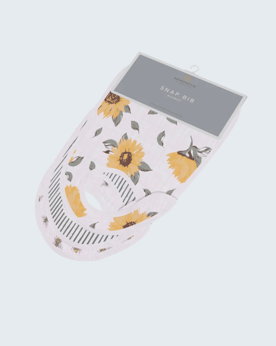 Baby bib with sunflower pattern on a white background