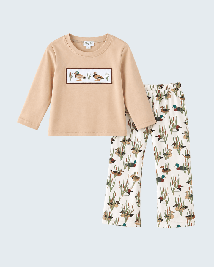Tan long-sleeve shirt with duck embroidery and matching printed pajama pants